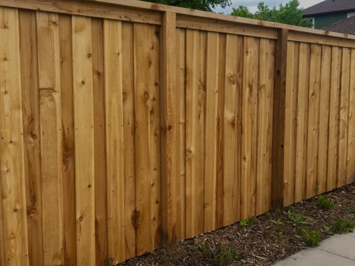 Fresh cedar fence line beside a walkway